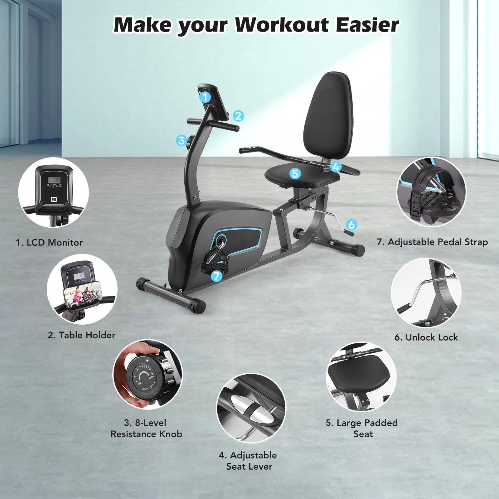 Recumbent Exercise Bike 8Level Adjustable Resistance Stationary Indoor Cycling Bike with Heart Rate and LCD Monitor for Home Gym Workout 300Lbs