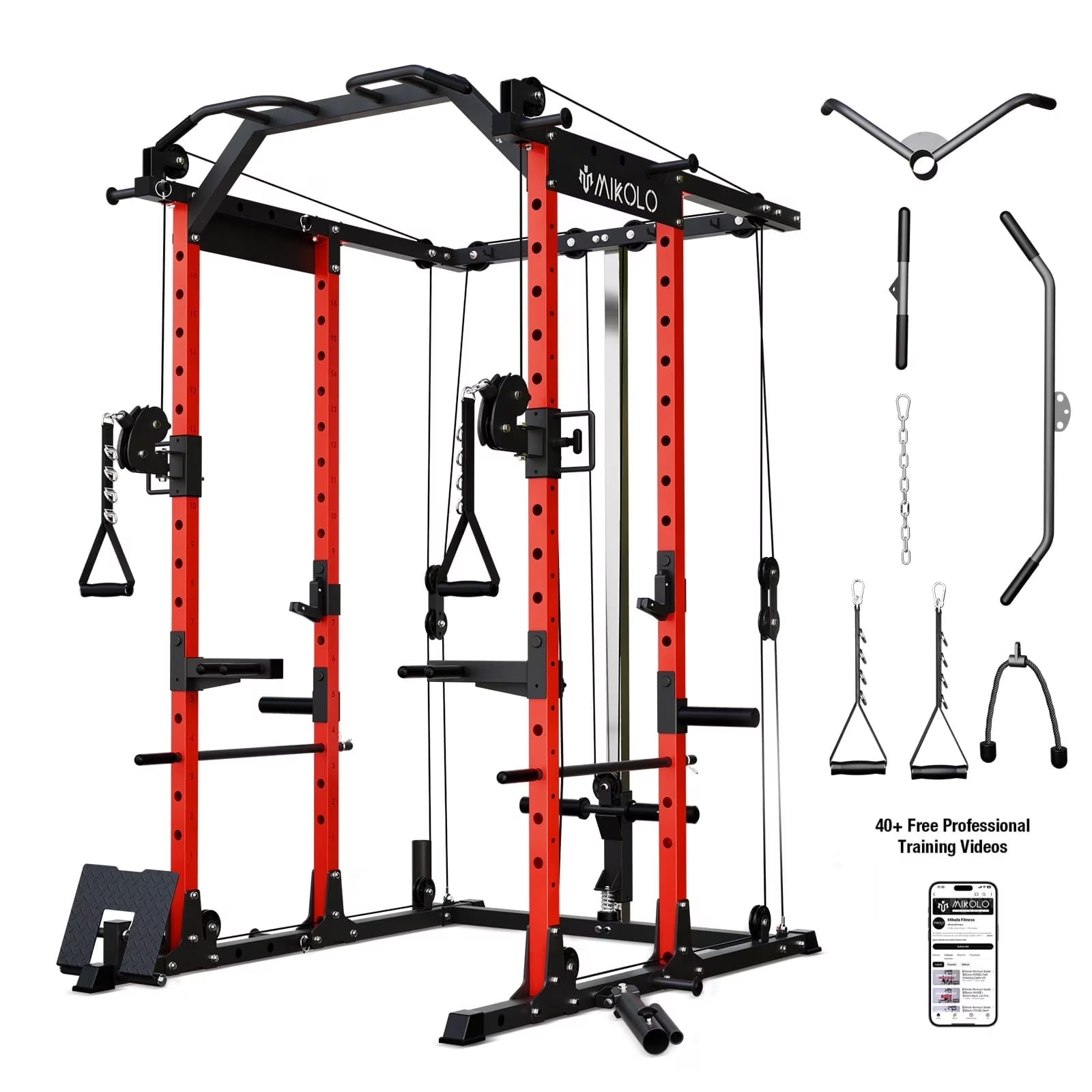Power Rack Cage, Weight Rack with Cable Crossover Machine,Multi-Function Squat Rack with J Hooks,Dip Bars and Landmine for Home Gym Red