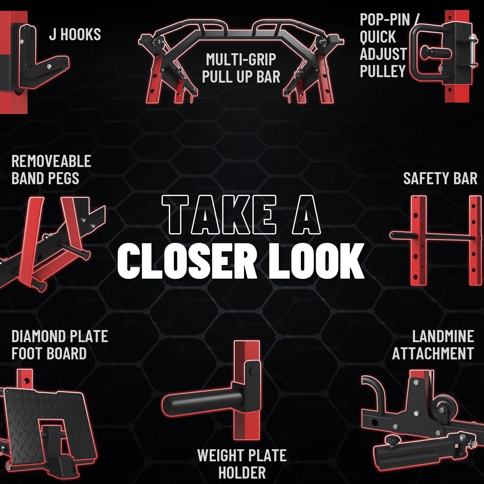 Power Rack Cage, Weight Rack with Cable Crossover Machine,Multi-Function Squat Rack with J Hooks,Dip Bars and Landmine for Home Gym Red