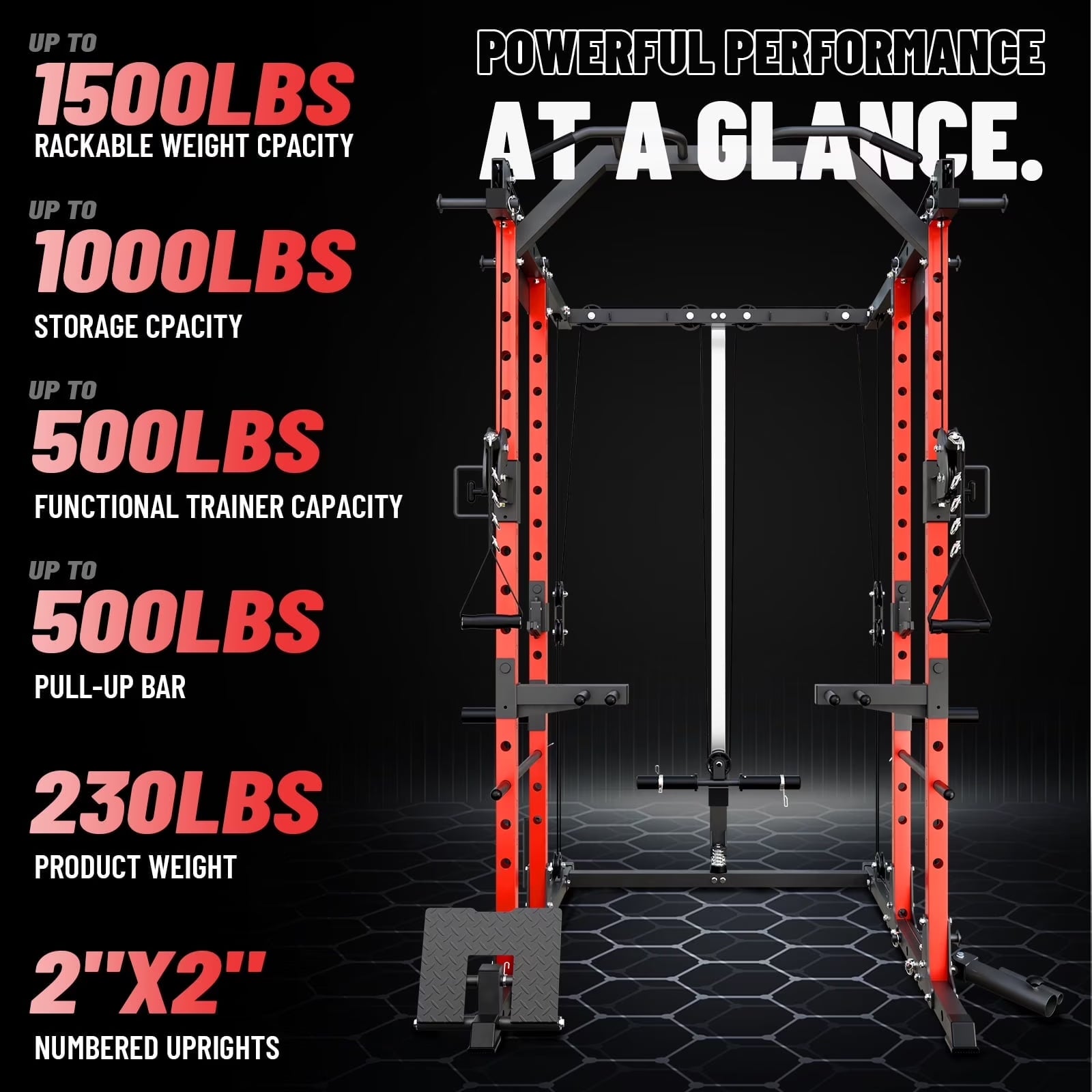 Power Rack Cage, Weight Rack with Cable Crossover Machine,Multi-Function Squat Rack with J Hooks,Dip Bars and Landmine for Home Gym Red