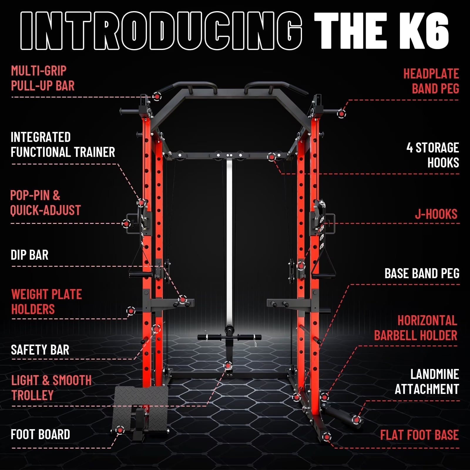 Power Rack Cage, Weight Rack with Cable Crossover Machine,Multi-Function Squat Rack with J Hooks,Dip Bars and Landmine for Home Gym Red